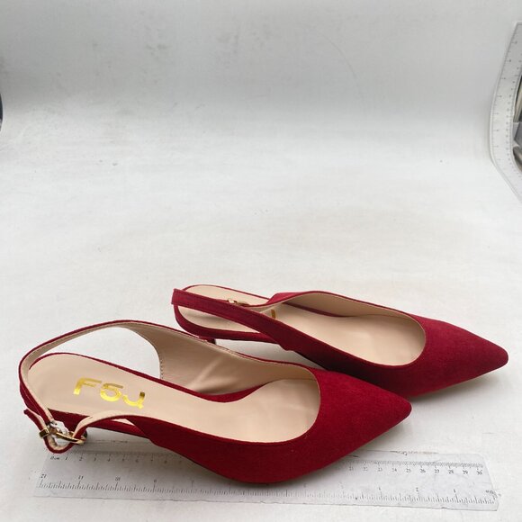 FSJ Women Classic Slingback Pumps Low Kitten Mid Heels Sandals Pointy Toe Red - Picture 4 of 8